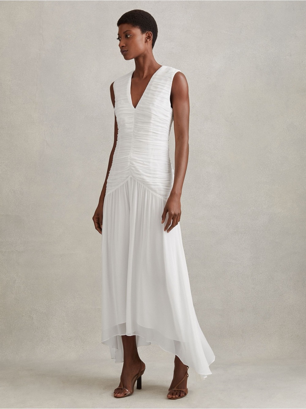 Reiss White Sleeveless V-Neck High-Low Ruched Midi Dress